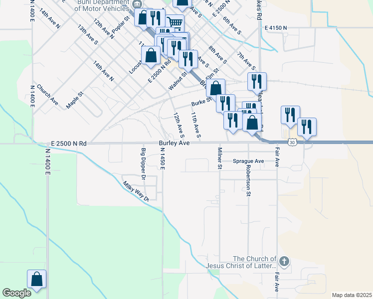 map of restaurants, bars, coffee shops, grocery stores, and more near 1043 Burley Avenue in Buhl