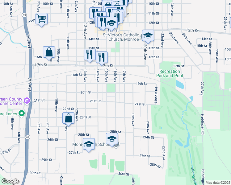map of restaurants, bars, coffee shops, grocery stores, and more near 20th Street in Monroe