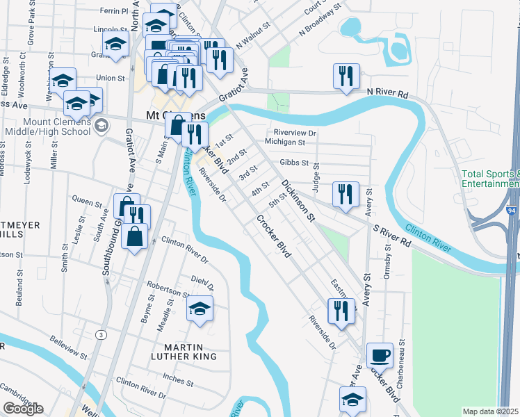 map of restaurants, bars, coffee shops, grocery stores, and more near 89 Riverside Drive in Mount Clemens