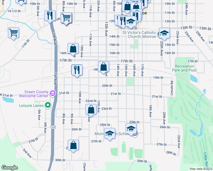 map of restaurants, bars, coffee shops, grocery stores, and more near 20th Street in Monroe