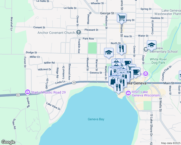 map of restaurants, bars, coffee shops, grocery stores, and more near 225 Maxwell Street in Lake Geneva