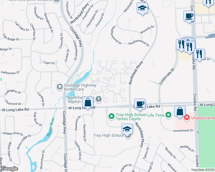 map of restaurants, bars, coffee shops, grocery stores, and more near 1785 Brentwood Drive in Troy
