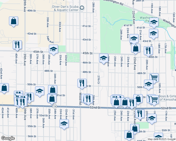 map of restaurants, bars, coffee shops, grocery stores, and more near 4814 29th Avenue in Kenosha