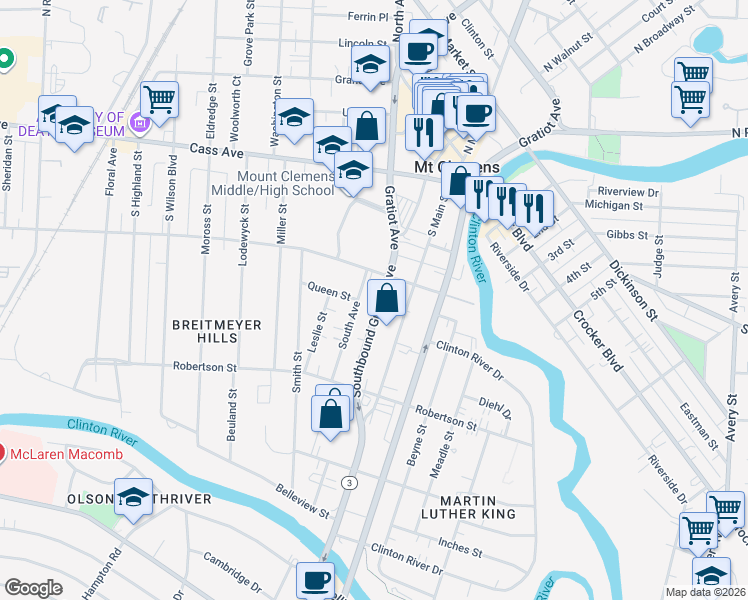map of restaurants, bars, coffee shops, grocery stores, and more near 43 Southbound Gratiot Avenue in Mount Clemens
