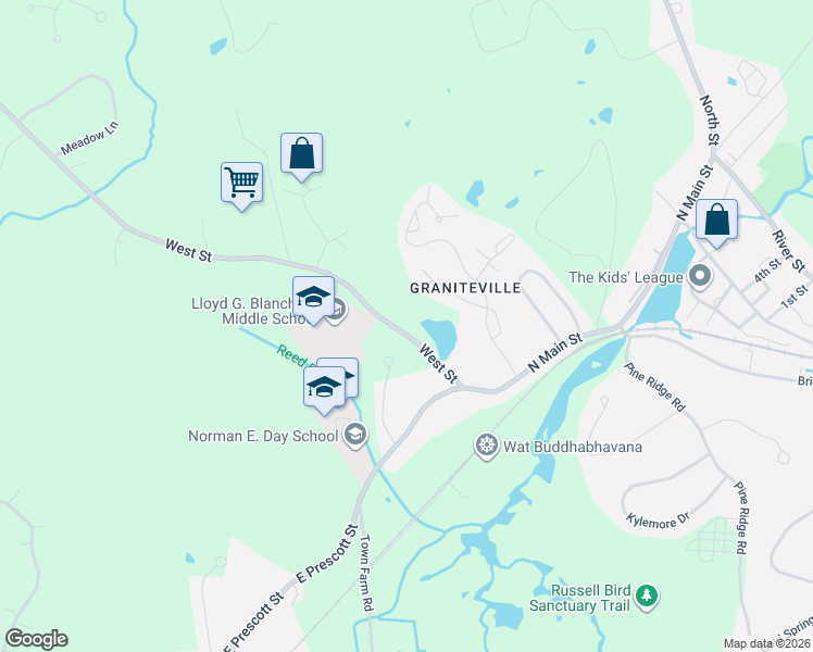 map of restaurants, bars, coffee shops, grocery stores, and more near 11 West Street in Westford
