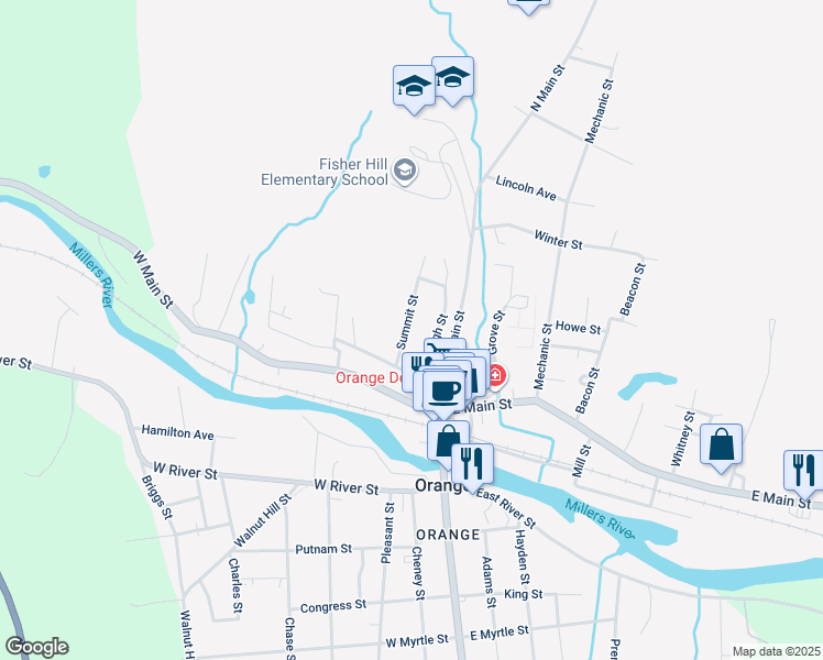map of restaurants, bars, coffee shops, grocery stores, and more near 36 Summit Street in Orange