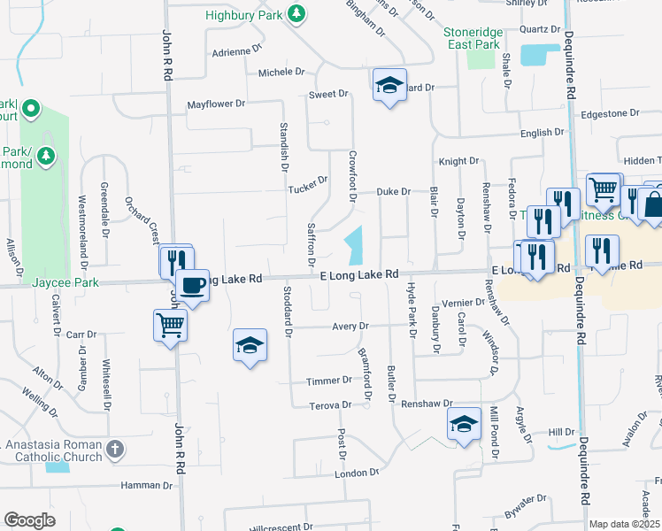 map of restaurants, bars, coffee shops, grocery stores, and more near 4991 Foxcroft Drive in Troy