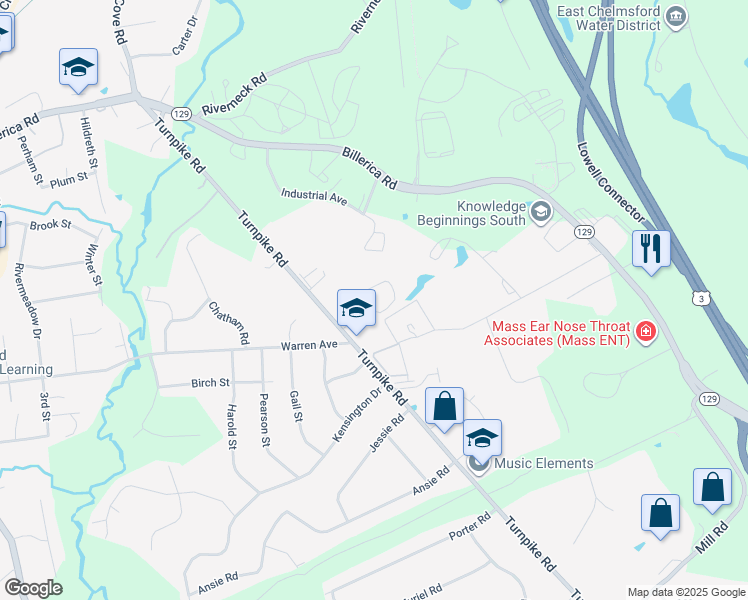 map of restaurants, bars, coffee shops, grocery stores, and more near 104 Turnpike Road in Chelmsford