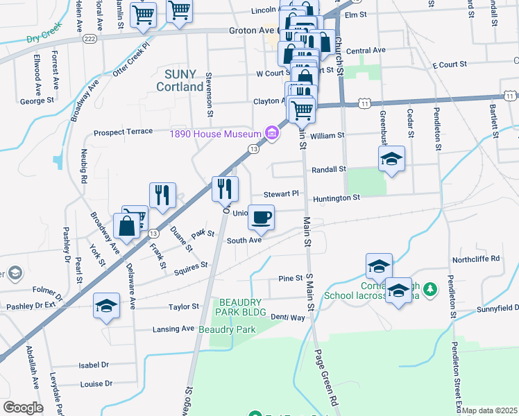 map of restaurants, bars, coffee shops, grocery stores, and more near 37 Union Street in Cortland