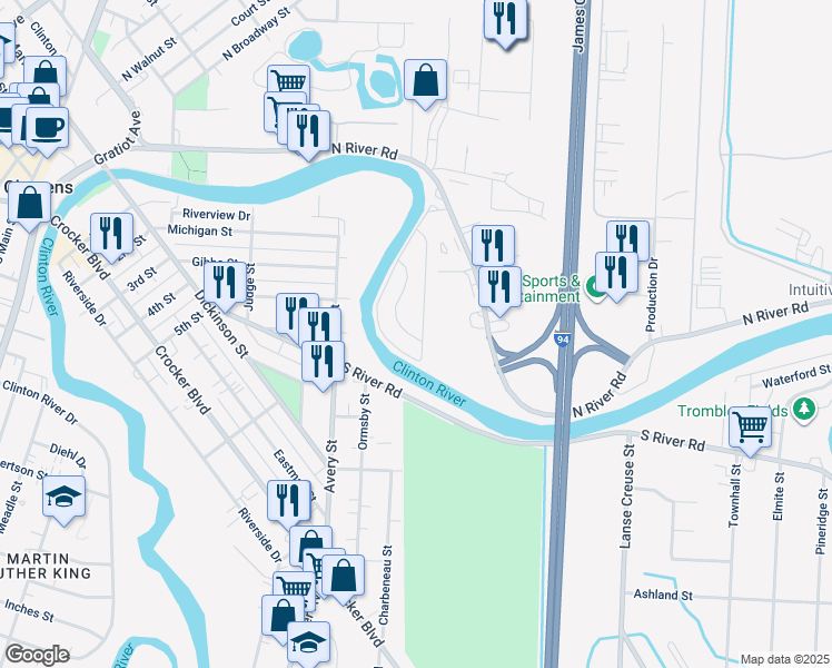 map of restaurants, bars, coffee shops, grocery stores, and more near 4100 Riverview Circle in Mount Clemens