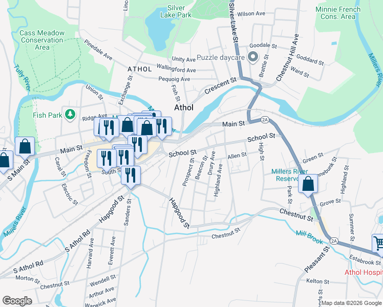 map of restaurants, bars, coffee shops, grocery stores, and more near 1 Prospect Street in Athol