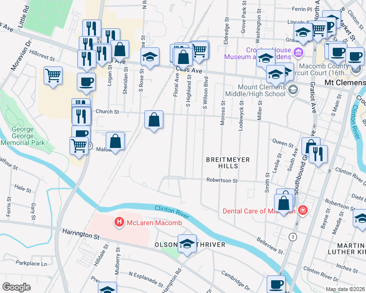 map of restaurants, bars, coffee shops, grocery stores, and more near 129 South Highland Street in Mount Clemens