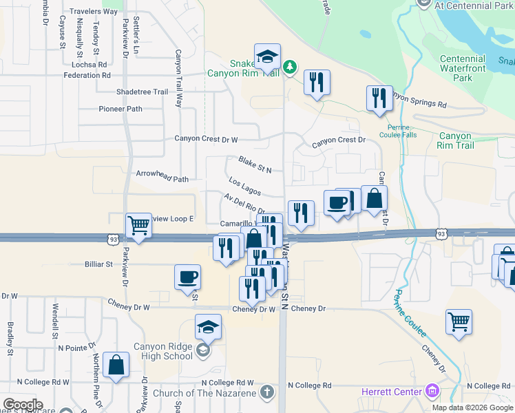 map of restaurants, bars, coffee shops, grocery stores, and more near 1720 Manzanita Street in Twin Falls