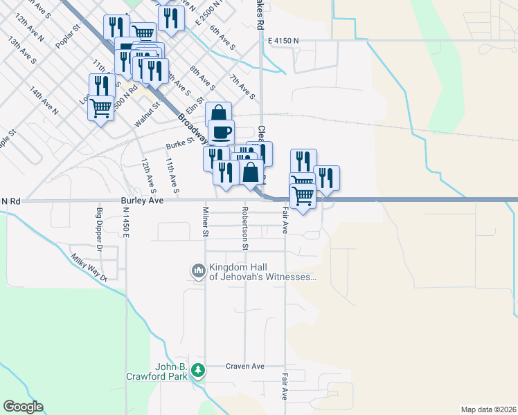 map of restaurants, bars, coffee shops, grocery stores, and more near 832 Sprague Avenue in Buhl