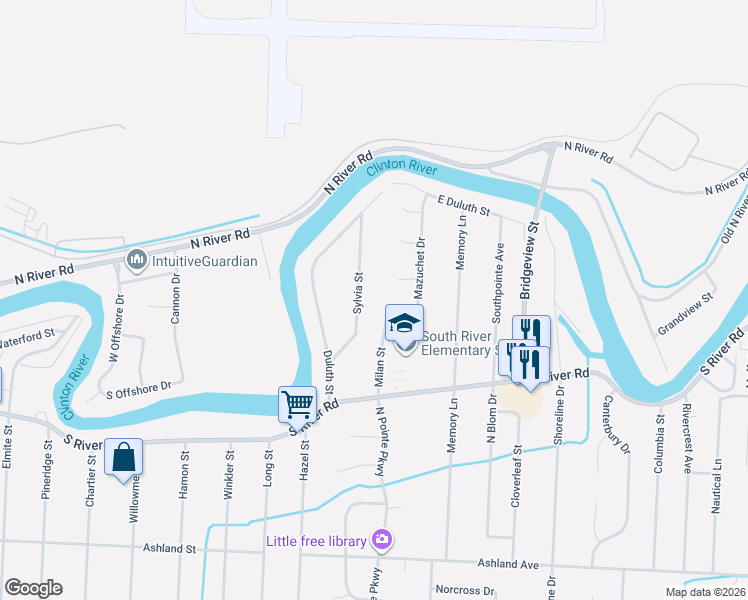 map of restaurants, bars, coffee shops, grocery stores, and more near 39768 Sylvia Street in Harrison Township