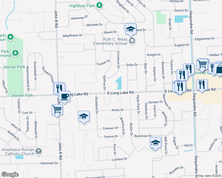 map of restaurants, bars, coffee shops, grocery stores, and more near 2358 Saffron Court in Troy