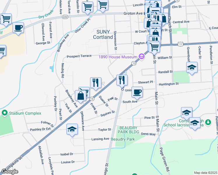 map of restaurants, bars, coffee shops, grocery stores, and more near 105 Tompkins Street in Cortland