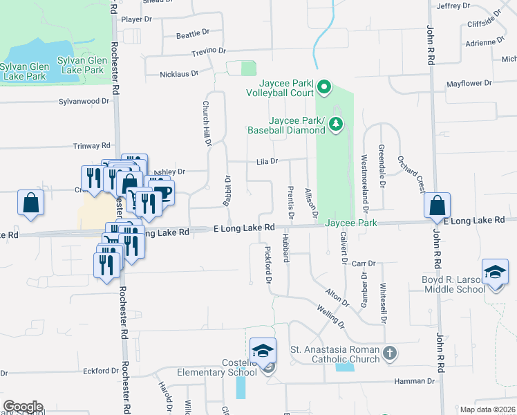 map of restaurants, bars, coffee shops, grocery stores, and more near 5007 Tyler Drive in Troy