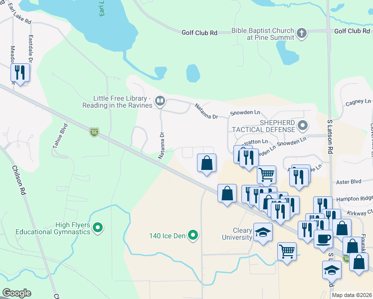 map of restaurants, bars, coffee shops, grocery stores, and more near 524 Snowfall Court in Howell