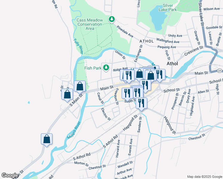 map of restaurants, bars, coffee shops, grocery stores, and more near 115 Freedom Street in Athol