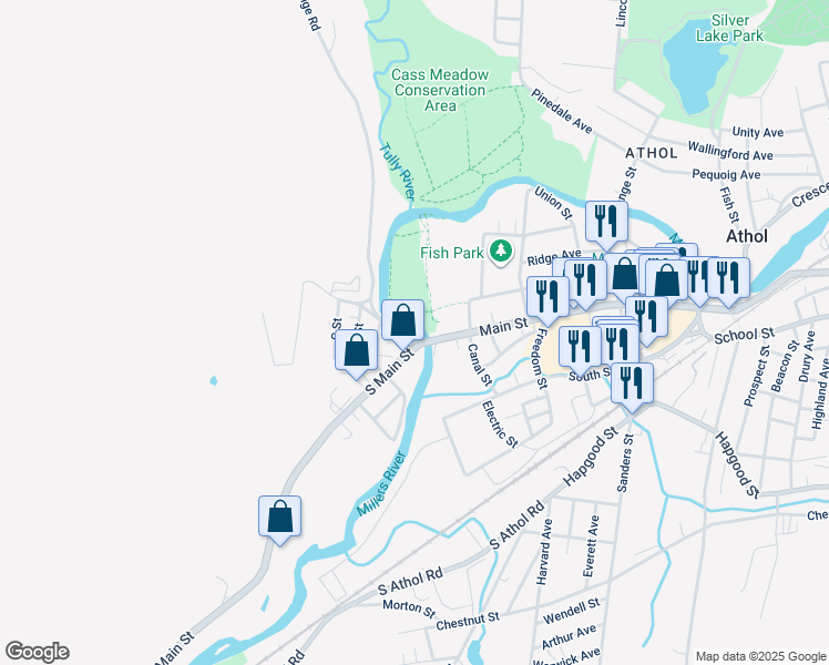 map of restaurants, bars, coffee shops, grocery stores, and more near 49 Main Street in Athol
