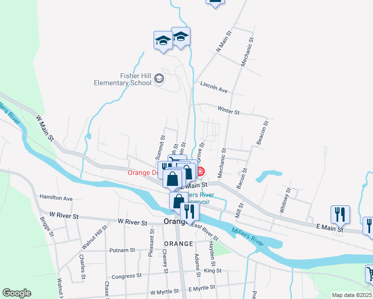 map of restaurants, bars, coffee shops, grocery stores, and more near 54 North Main Street in Orange