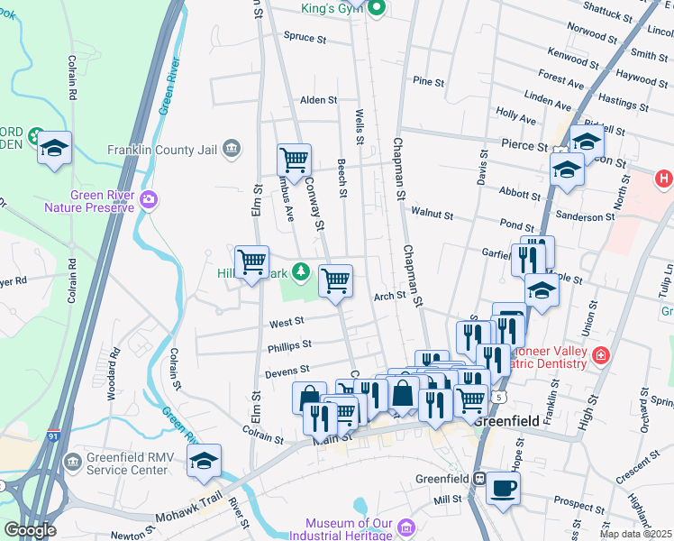 map of restaurants, bars, coffee shops, grocery stores, and more near 135 Conway Street in Greenfield