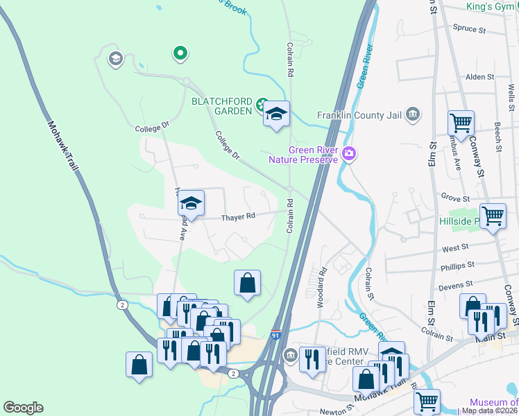 map of restaurants, bars, coffee shops, grocery stores, and more near 51 Thayer Road in Greenfield