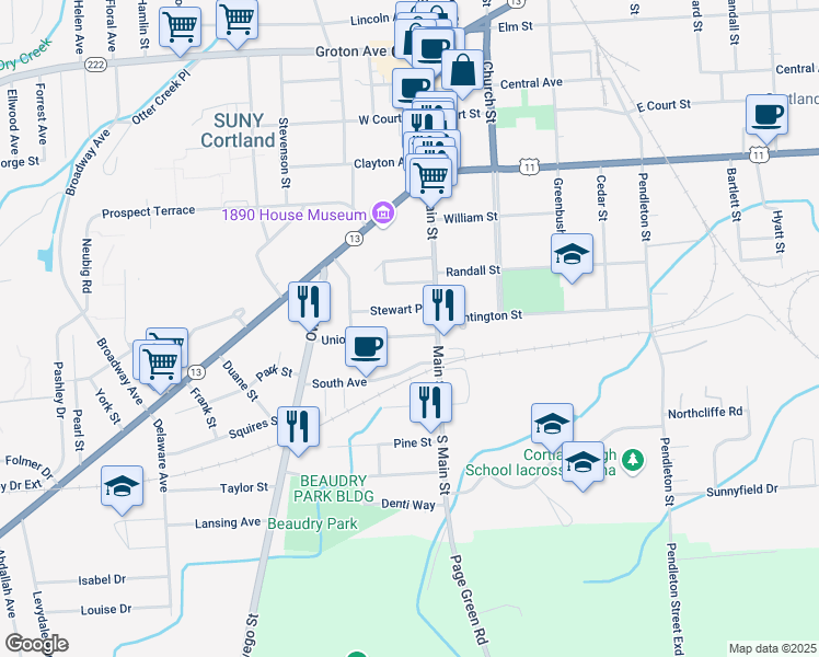 map of restaurants, bars, coffee shops, grocery stores, and more near 2 1/2 South Avenue in Cortland