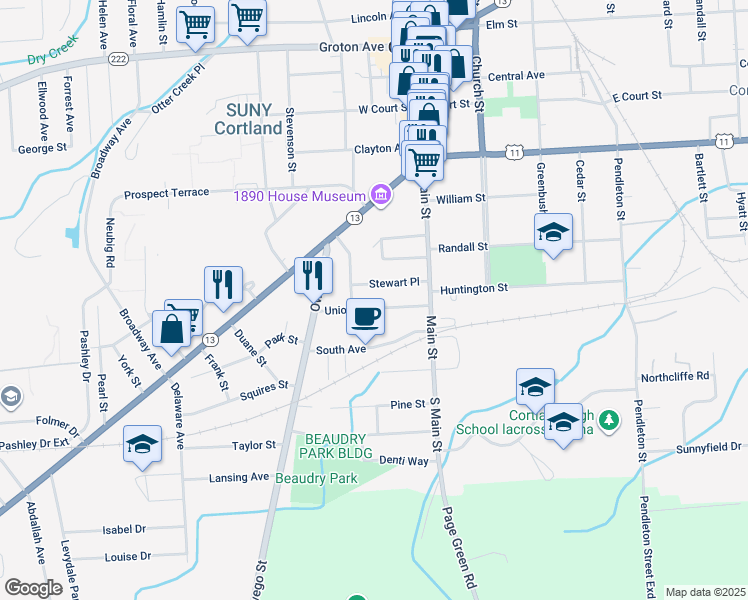 map of restaurants, bars, coffee shops, grocery stores, and more near 25 Union Street in Cortland