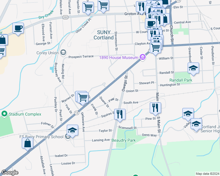 map of restaurants, bars, coffee shops, grocery stores, and more near 8-8 1\2 Park Street in Cortland