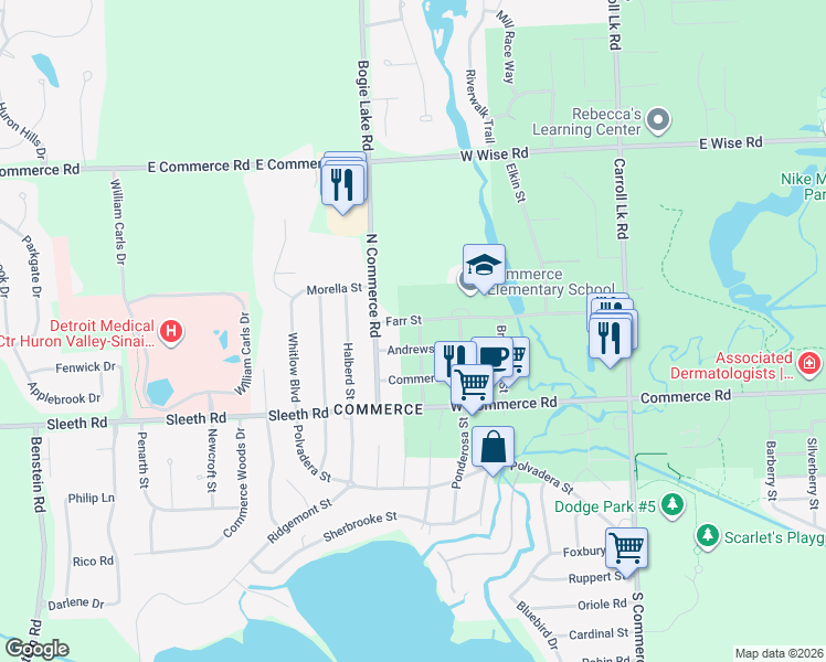 map of restaurants, bars, coffee shops, grocery stores, and more near 717 Andrews Street in Commerce Charter Township