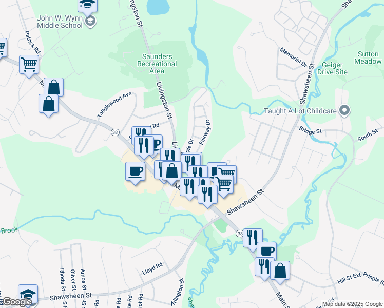 map of restaurants, bars, coffee shops, grocery stores, and more near 14 Ironwood Lane in Tewksbury