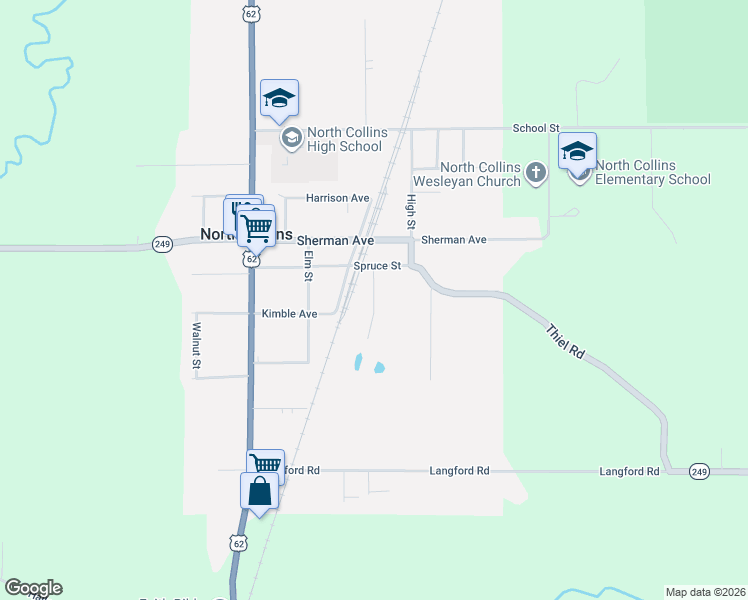 map of restaurants, bars, coffee shops, grocery stores, and more near Dewey Avenue in North Collins
