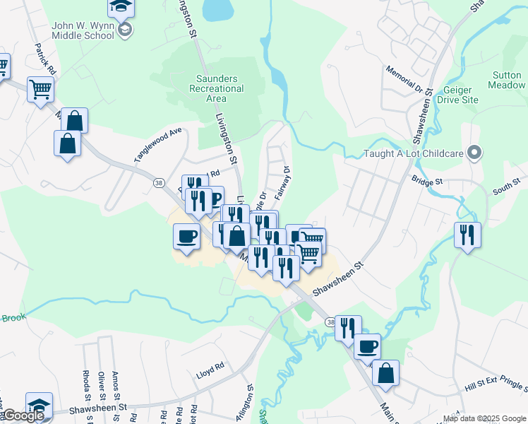 map of restaurants, bars, coffee shops, grocery stores, and more near 12 Ironwood Lane in Tewksbury