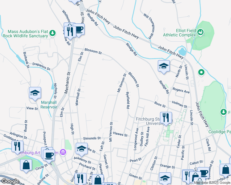 map of restaurants, bars, coffee shops, grocery stores, and more near 340 Mount Vernon Street in Fitchburg
