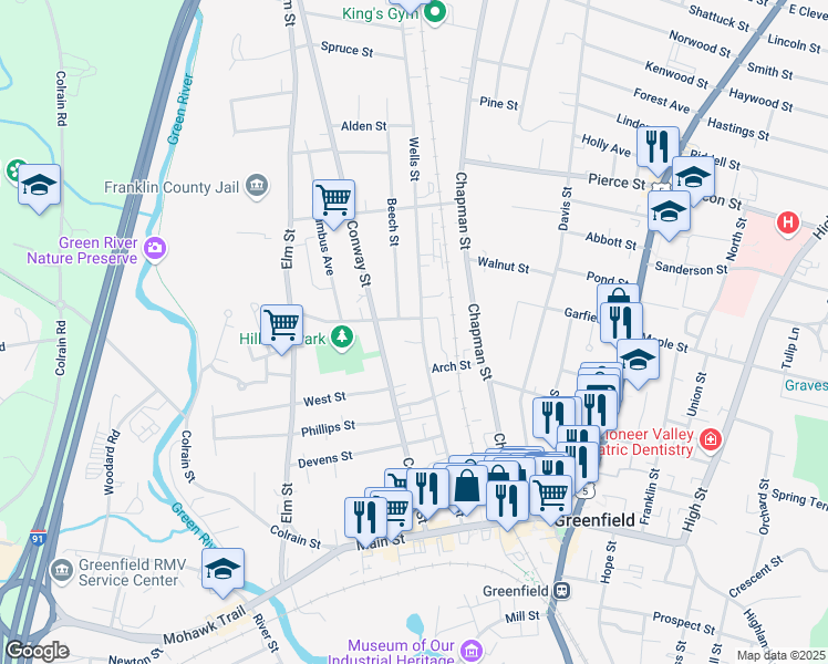 map of restaurants, bars, coffee shops, grocery stores, and more near 147-157 Wells Street in Greenfield