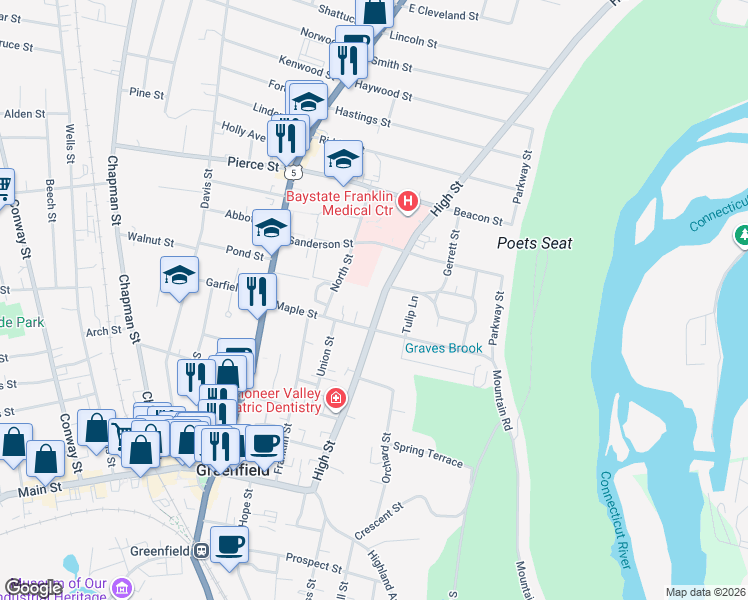 map of restaurants, bars, coffee shops, grocery stores, and more near 48 Sanderson Street in Greenfield