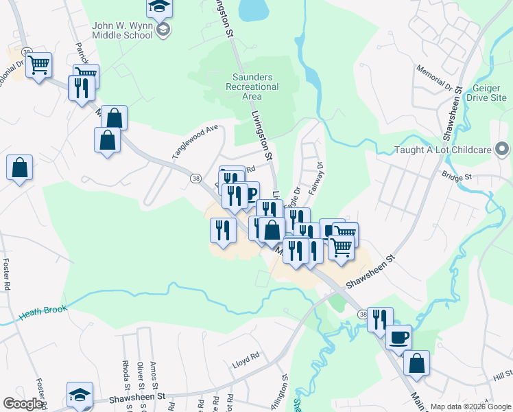 map of restaurants, bars, coffee shops, grocery stores, and more near 14 Pinewood Road in Tewksbury