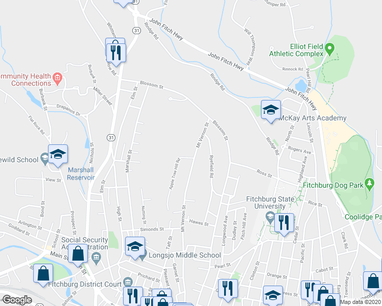 map of restaurants, bars, coffee shops, grocery stores, and more near 340 Mount Vernon Street in Fitchburg