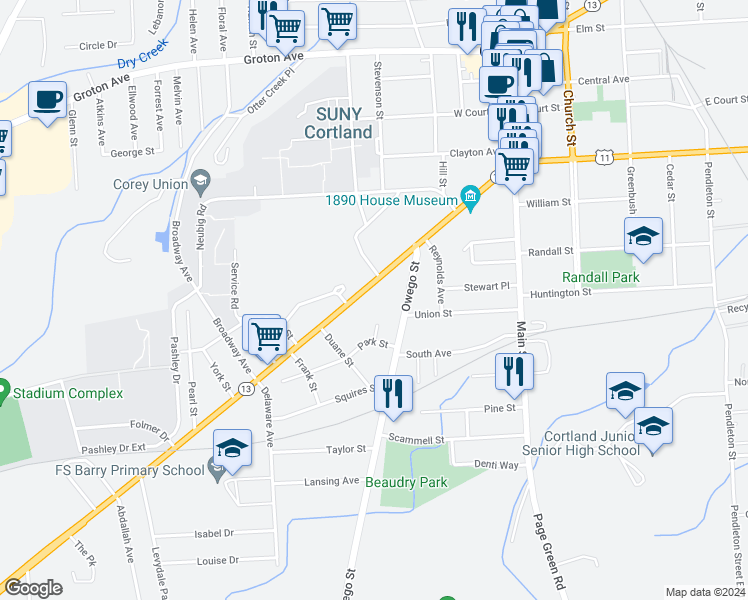 map of restaurants, bars, coffee shops, grocery stores, and more near 100 Tompkins Street in Cortland