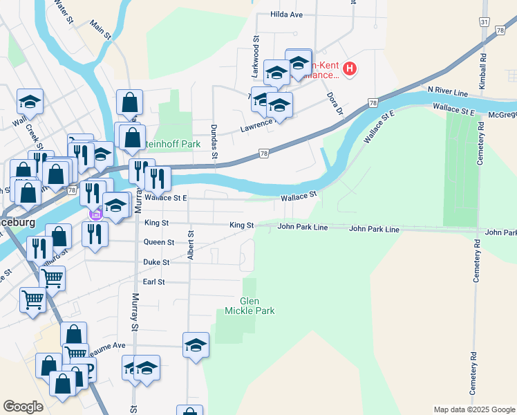 map of restaurants, bars, coffee shops, grocery stores, and more near 750 Wallace Street East in Wallaceburg