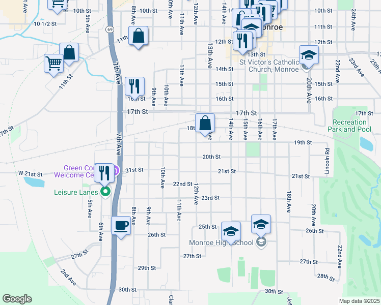 map of restaurants, bars, coffee shops, grocery stores, and more near 1203 19th Street in Monroe