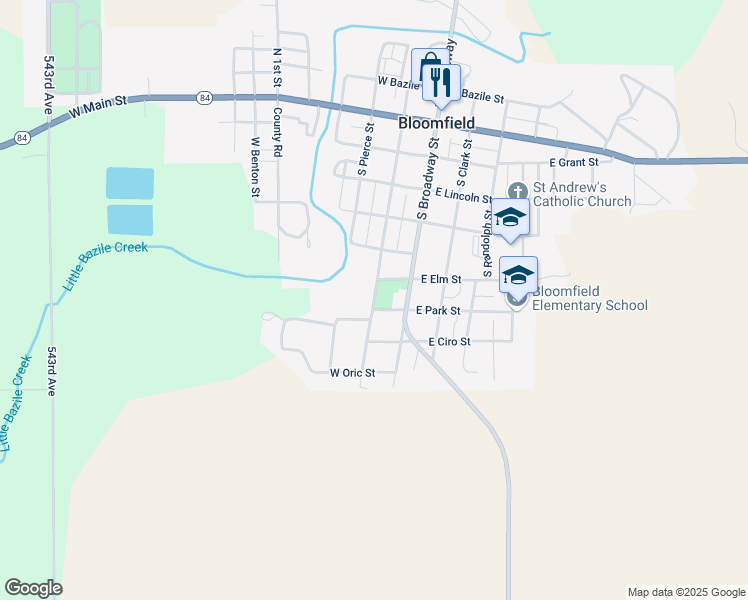 map of restaurants, bars, coffee shops, grocery stores, and more near South Washington Street in Bloomfield