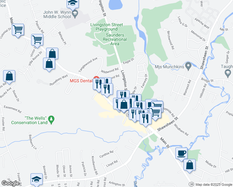 map of restaurants, bars, coffee shops, grocery stores, and more near 14 Pinewood Road in Tewksbury