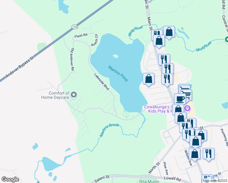 map of restaurants, bars, coffee shops, grocery stores, and more near 37 Lakeside Boulevard in North Reading