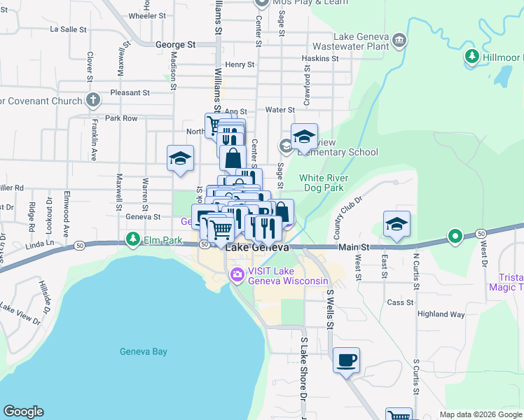 map of restaurants, bars, coffee shops, grocery stores, and more near 671 Geneva Street in Lake Geneva