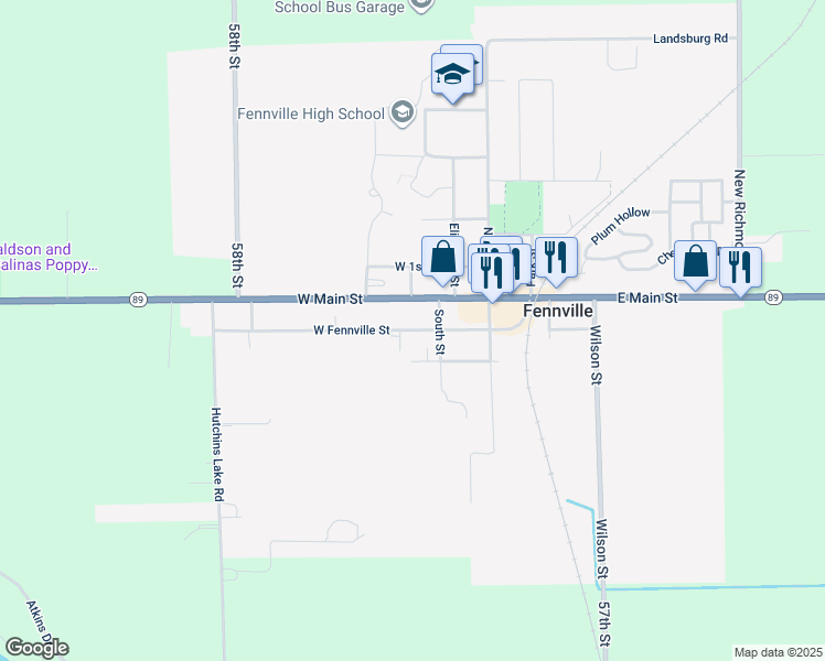map of restaurants, bars, coffee shops, grocery stores, and more near 340 West Fennville Street in Fennville