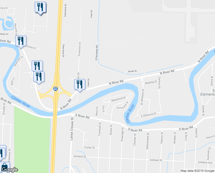 map of restaurants, bars, coffee shops, grocery stores, and more near 25850 North River Road in Harrison charter Township