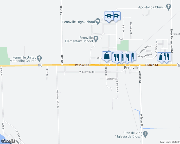 map of restaurants, bars, coffee shops, grocery stores, and more near 398 West Fennville Street in Fennville
